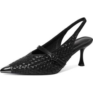 Women's Black Stiletto Closed Pointed Toe Buckle Strap Elegant Stylish Pumps